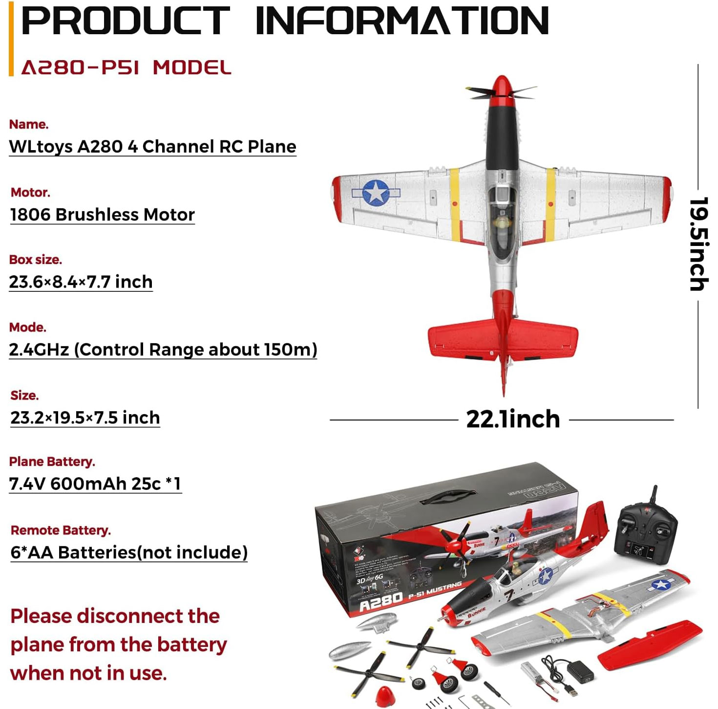 WLtoys XK A280 P51 Mustang RC Airplane – 4 Channel Brushless, LED Lights, 6G/3D Ready to Fly thumbnail 3