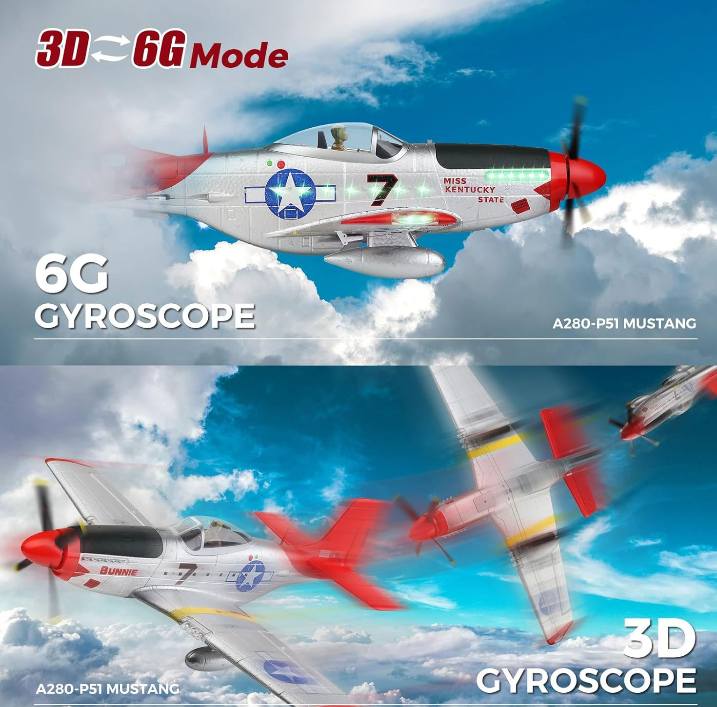 WLtoys XK A280 P51 Mustang RC Airplane – 4 Channel Brushless, LED Lights, 6G/3D Ready to Fly thumbnail 4