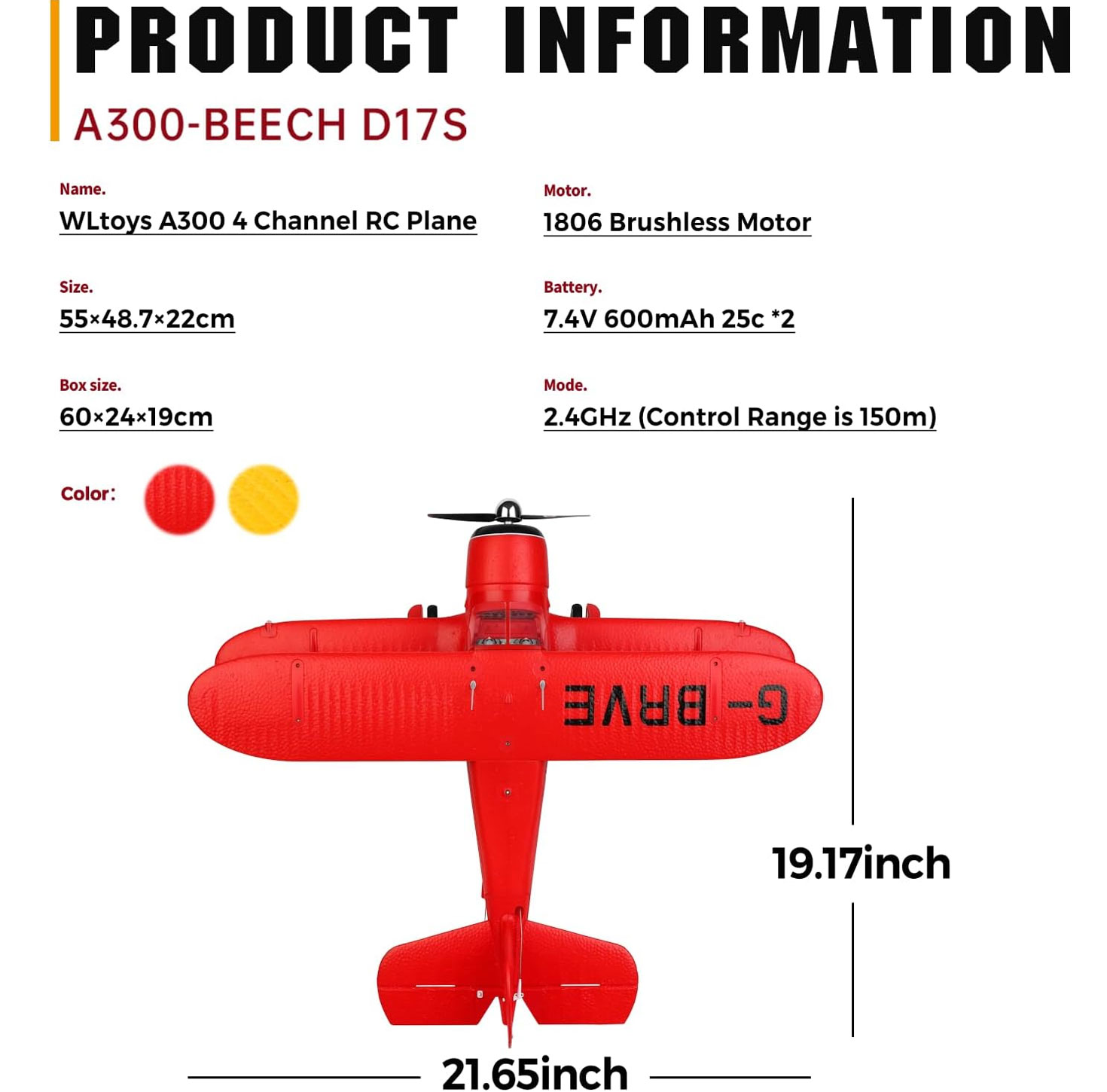 WLtoys A300 Red RC Airplane – 4 Channel Brushless, 6G/3D Mode, Ready to Fly with 2 Batteries thumbnail 2